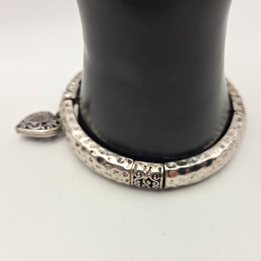 Silver Tone Metal Heart Dangle Charm Love Bangle Bracelet